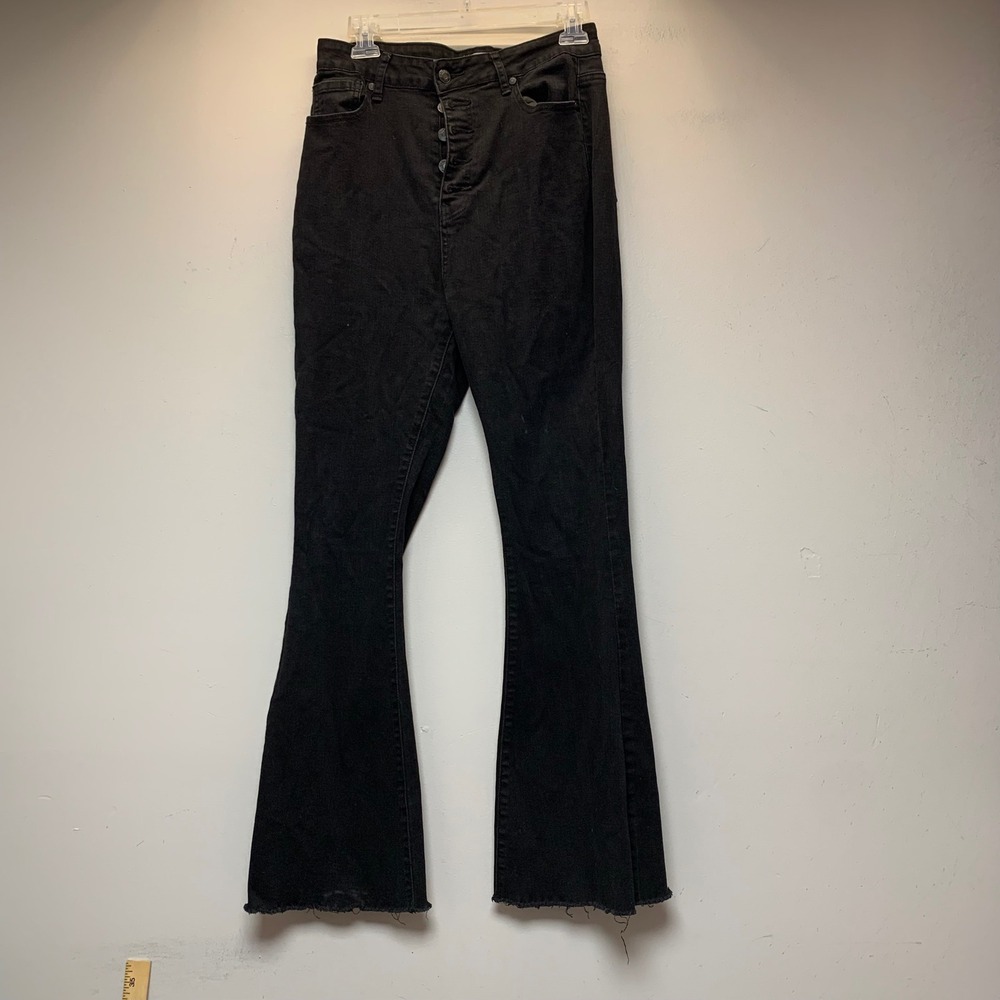 Bamboo Flare Jeans Women Size 15 Black Excellent Button Fly Raw Hem High Rise